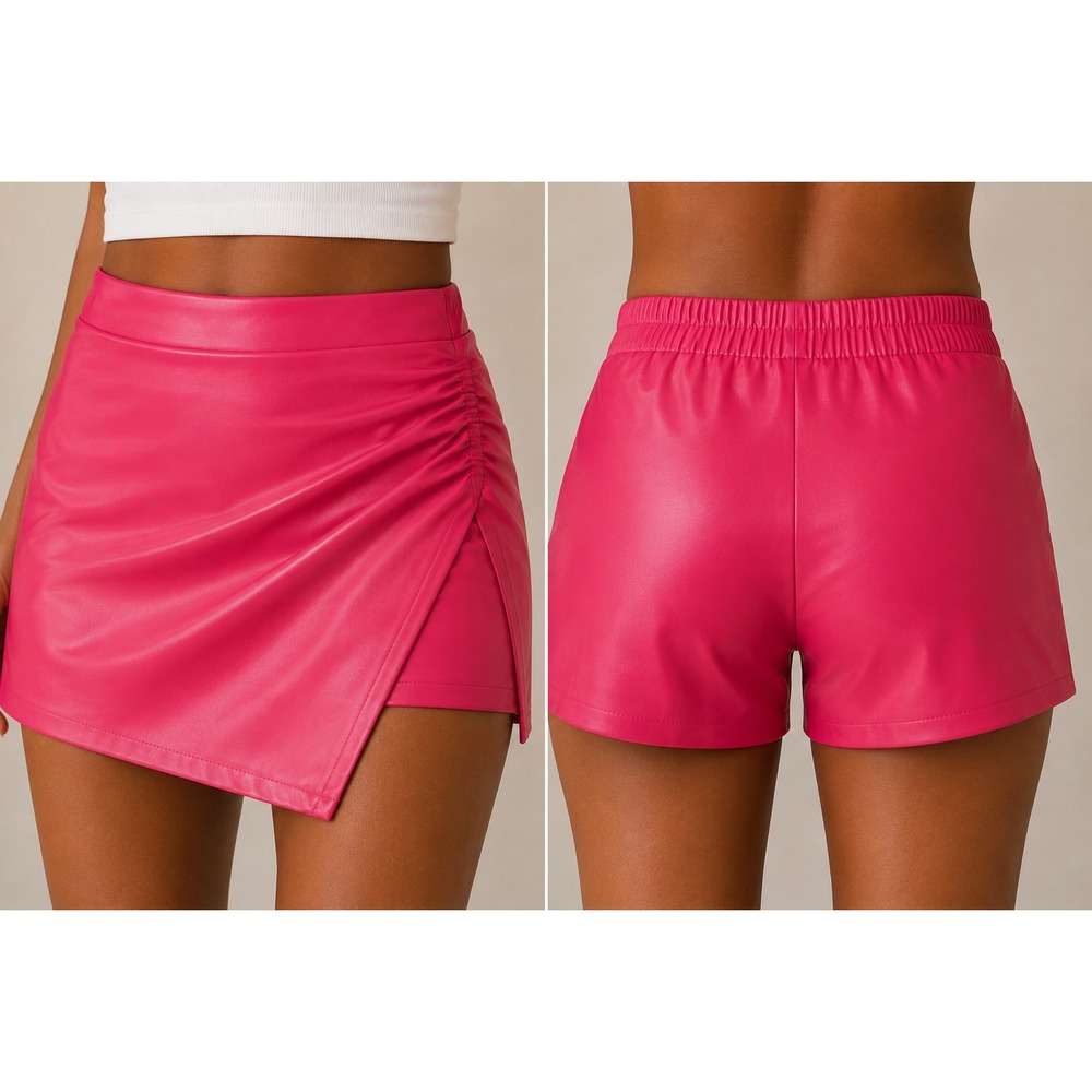 M 150 Hot Pink PU Leather Skort Asymmetrical Ruched Wrap Mini Skirt Shorts